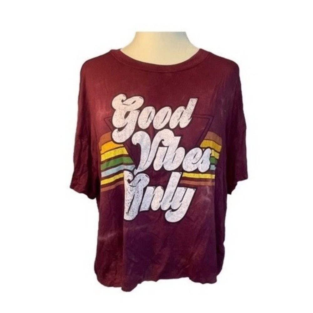 Obsessive Love Rainbow Good Vibes Graphic Tee Maroon Cropped Short Sleeve Crew